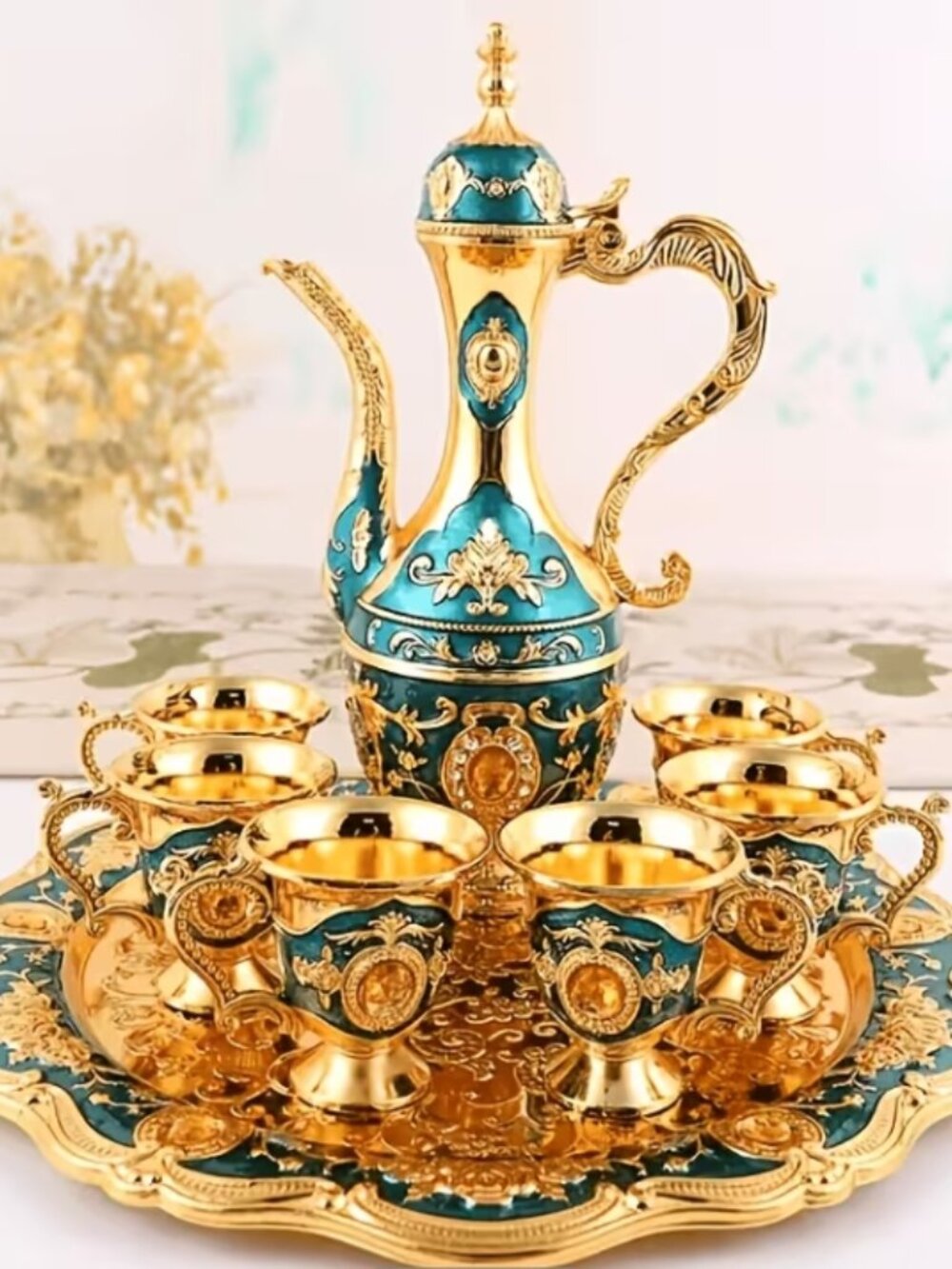Vintage Blue Turkish Style Coffee Tea Set w/Pot and 6 Cups
